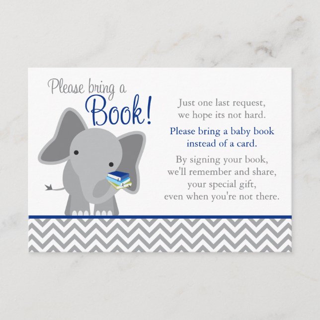 Cute Elephant Chevron Navy Blue Baby Shower Book Enclosure Card (Front)