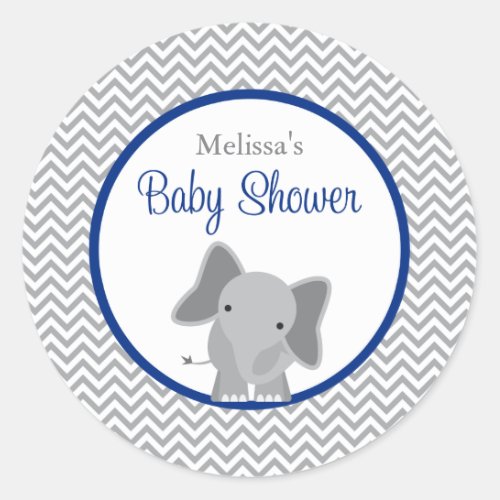 Cute Elephant Chevron Navy Blue Baby Shower Classic Round Sticker