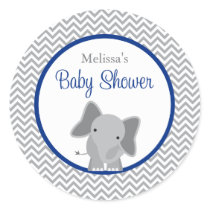 Cute Elephant Chevron Navy Blue Baby Shower Classic Round Sticker