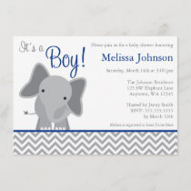 Cute Elephant Chevron Navy Blue Baby Shower Invitation