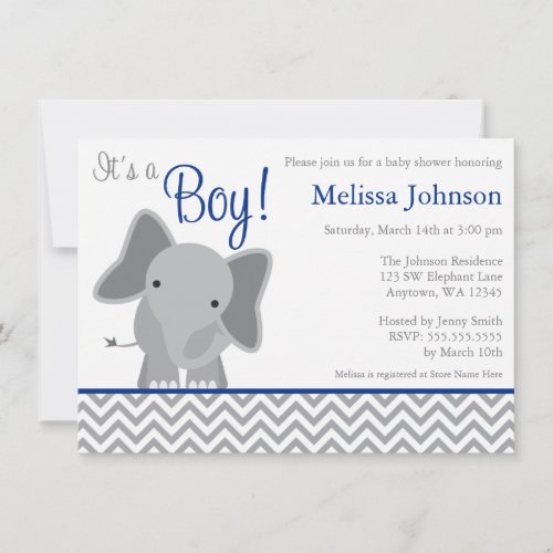 Cute Elephant Chevron Navy Blue Baby Shower Invitation