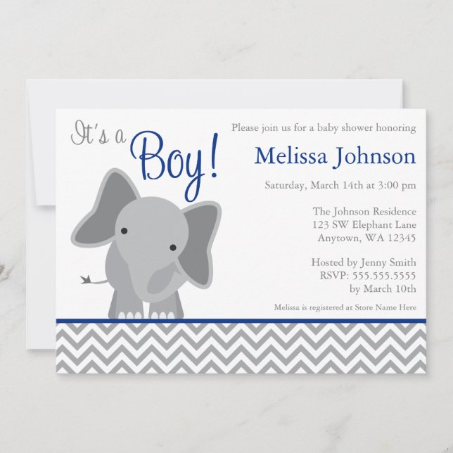 Cute Elephant Chevron Navy Blue Baby Shower Invitation (Front)