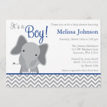 Cute Elephant Chevron Navy Blue Baby Shower Invitation