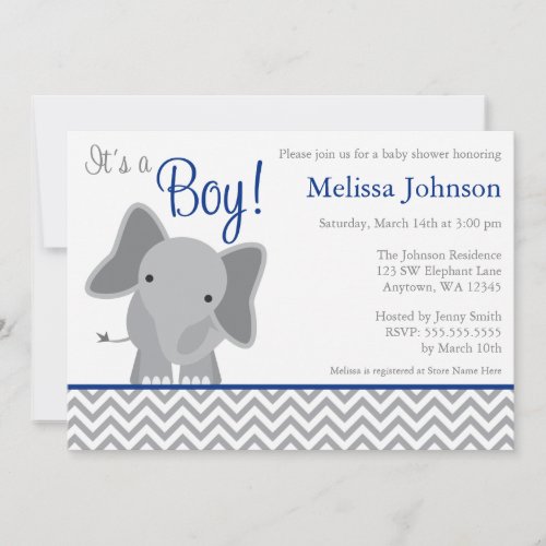 Cute Elephant Chevron Navy Blue Baby Shower Invitation