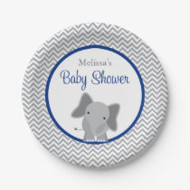 Cute Elephant Chevron Navy Blue Baby Shower Paper Plates