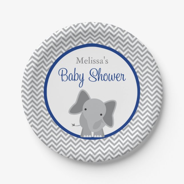 Cute Elephant Chevron Navy Blue Baby Shower Paper Plates (Front)