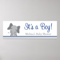 Cute Elephant Chevron Navy Blue Baby Shower Poster