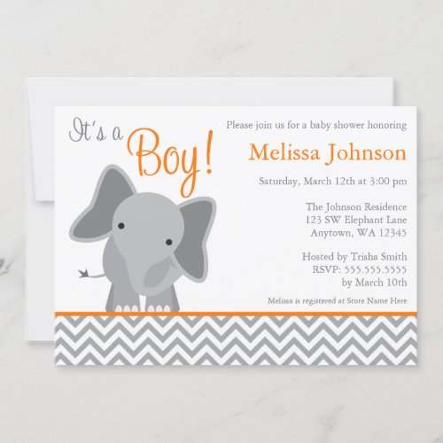 Cute Elephant Chevron Orange Baby Shower Custom Announcements
