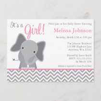 Cute Elephant Chevron Pink Baby Shower Invitation