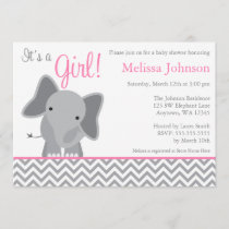 Cute Elephant Chevron Pink Baby Shower Invitation