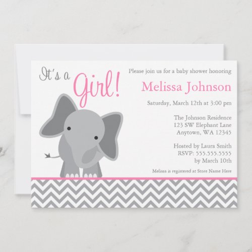 Cute Elephant Chevron Pink Baby Shower Invitation