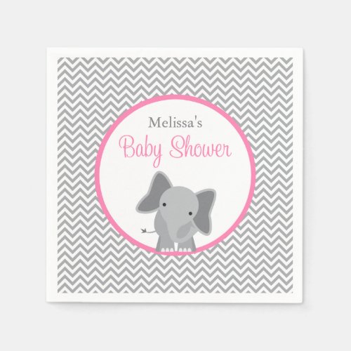 Cute Elephant Chevron Pink Baby Shower Paper Napkins
