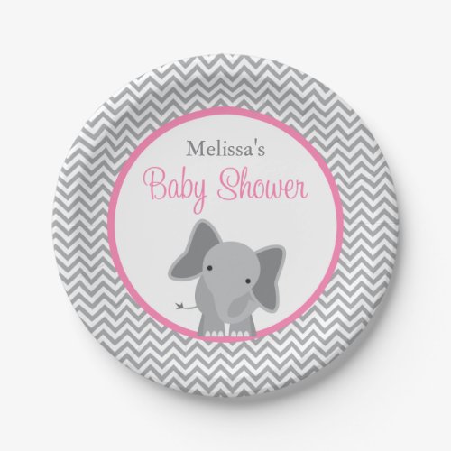 Cute Elephant Chevron Pink Baby Shower Paper Plates