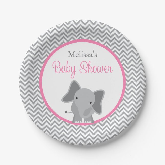 Cute Elephant Chevron Pink Baby Shower Paper Plates (Front)