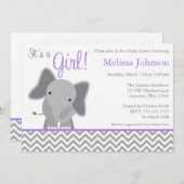 Cute Elephant Chevron Purple Baby Shower Invitation (Front/Back)