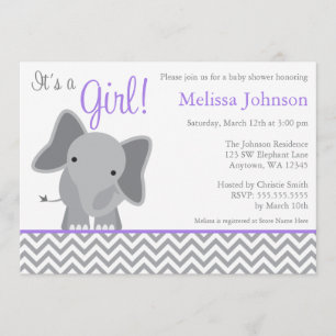Cute Elephant Chevron Purple Baby Shower Invitation