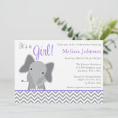 Cute Elephant Chevron Purple Baby Shower Invitation (Standing Front)