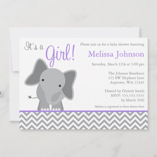 Cute Elephant Chevron Purple Baby Shower Cards