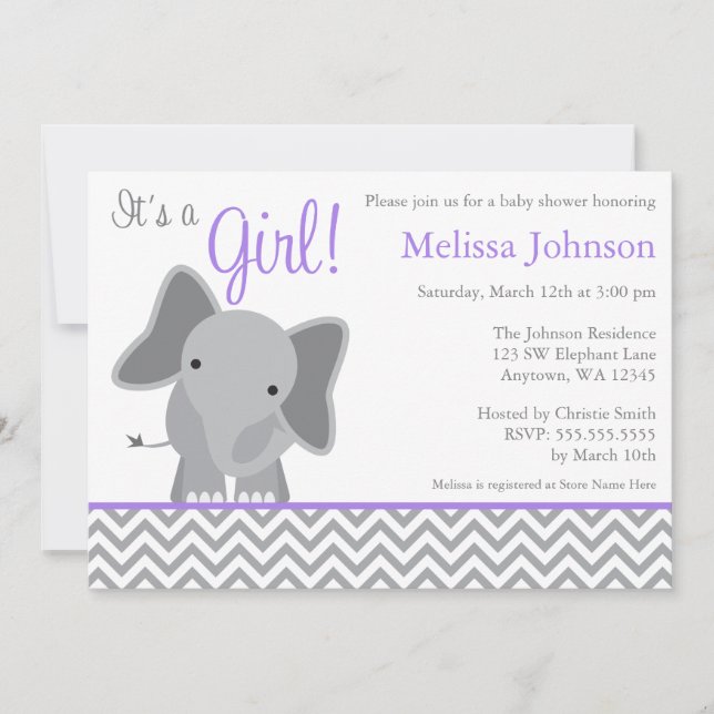 Cute Elephant Chevron Purple Baby Shower Invitation (Front)