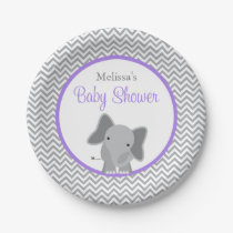Cute Elephant Chevron Purple Baby Shower Paper Plates