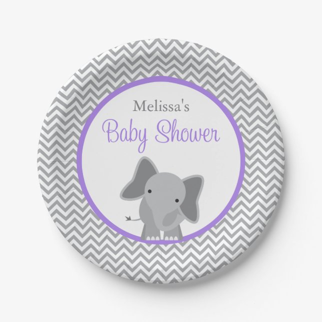 Cute Elephant Chevron Purple Baby Shower Paper Plates (Front)