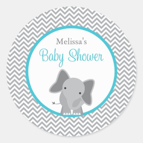 Cute Elephant Chevron Teal Baby Shower Classic Round Sticker