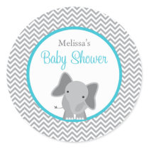 Cute Elephant Chevron Teal Baby Shower Classic Round Sticker