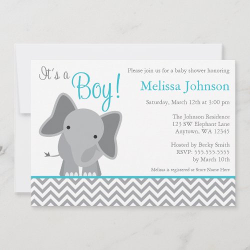 Cute Elephant Chevron Teal Baby Shower Invitation