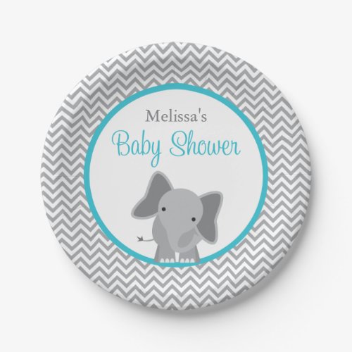 Cute Elephant Chevron Teal Baby Shower Paper Plates