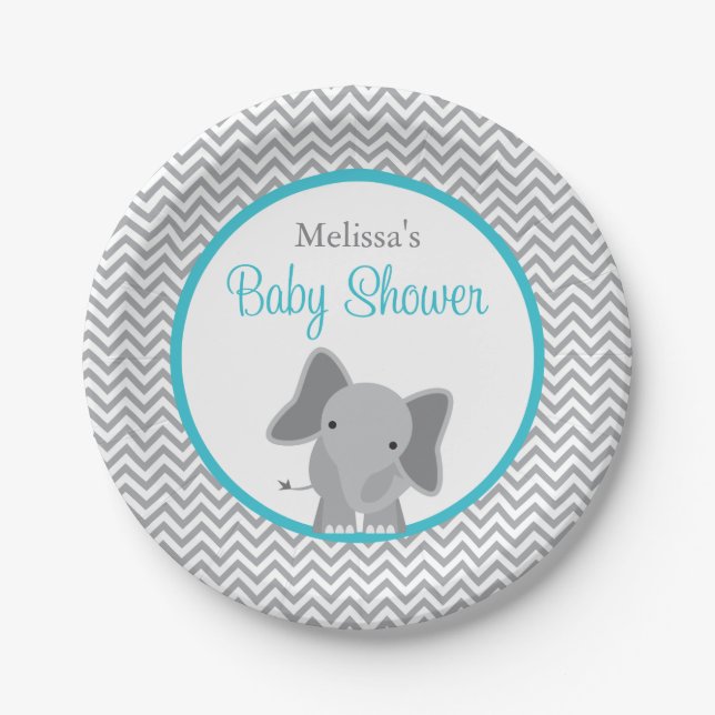 Cute Elephant Chevron Teal Baby Shower Paper Plates (Front)