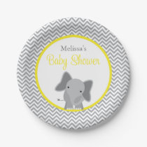 Cute Elephant Chevron Yellow Baby Shower Paper Plates