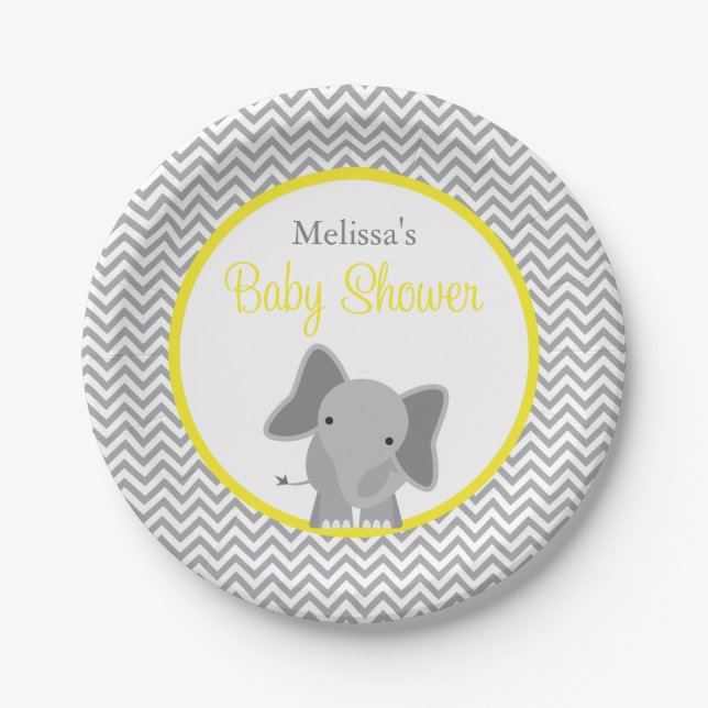 Cute Elephant Chevron Yellow Baby Shower Paper Plates (Front)