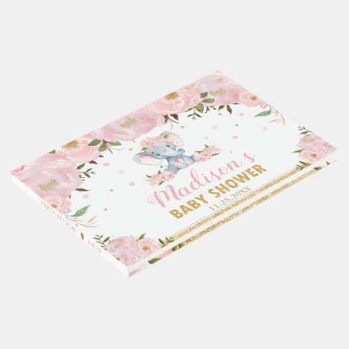 Cute Elephant Chic Blush Pink Floral Baby Shower Guest Book