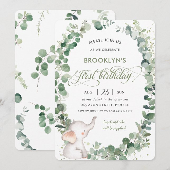 Cute Elephant Chic Greenery 1st First Birthday Invitation (Front/Back)