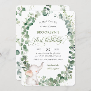 Cute Elephant Chic Greenery 1st First Birthday Invitation