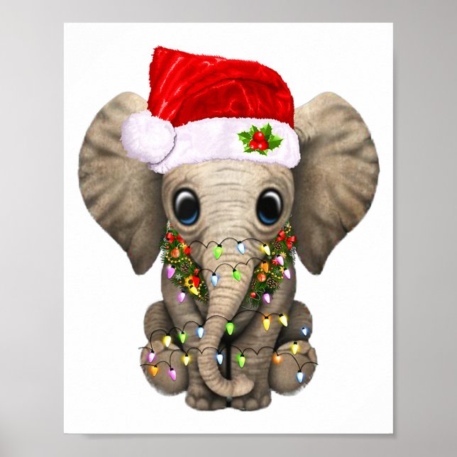 Cute Elephant Christmas Light Funny Elephant Lover Poster (Front)