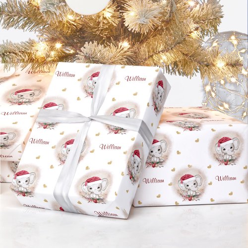 Cute Elephant Christmas Wrapping Paper Name