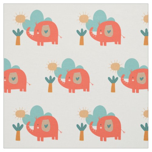 Cute Elephant Cloud Tree Sunshine Pattern Red Teal Fabric