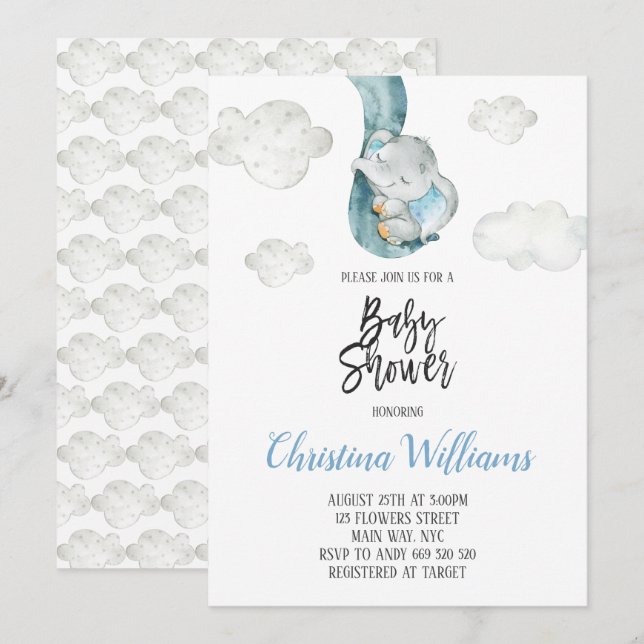 Cute Elephant Clouds Sky Neutral Baby Shower Invitation (Front/Back)