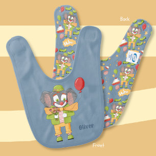 Cute Elephant Clown Blue Baby Bib