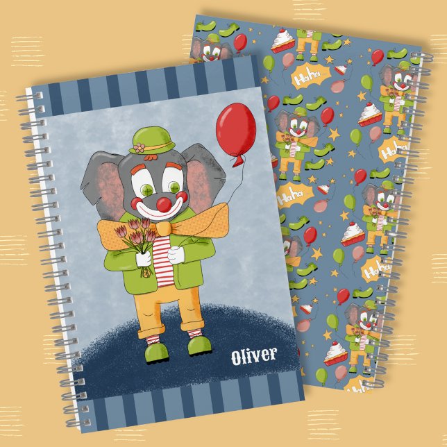 Cute Elephant Clown Kid Spiral Notebook with Name (Adorable elephant clown blue kid spiral notebook with name .)
