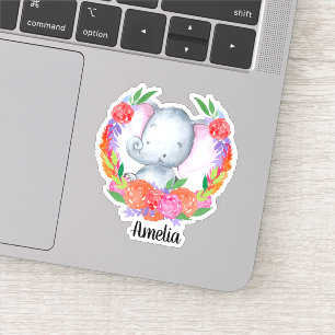 Cute Elephant Colorful Flowers Personalized Vinyl Sticker