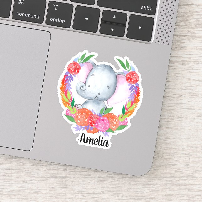 Cute Elephant Colorful Flowers Personalized Vinyl Sticker (Detail)