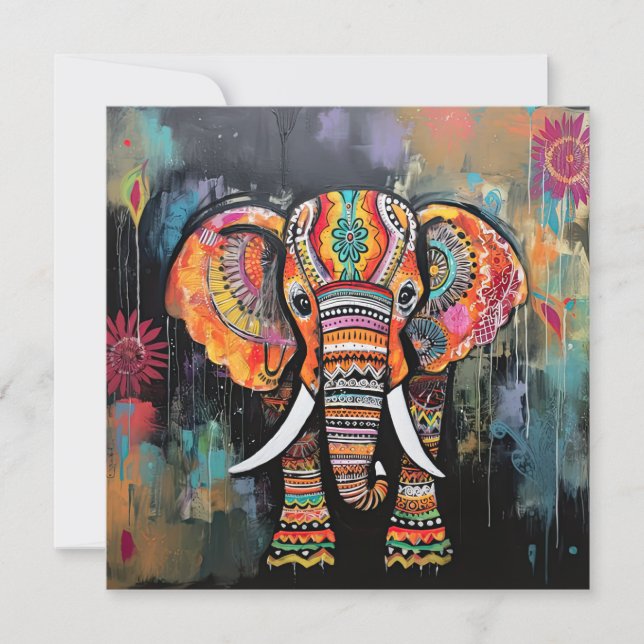 Cute Elephant Colorful Funky Mixed Media Animal Invitation (Front)