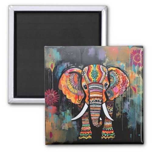 Cute Elephant Colorful Funky Mixed Media Animal Magnet