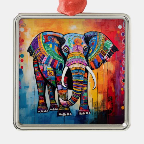 Cute Elephant Colorful Funky Mixed Media Animal Metal Ornament