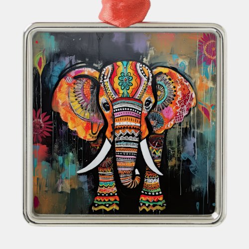 Cute Elephant Colorful Funky Mixed Media Animal Metal Ornament