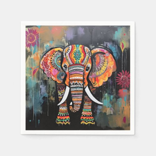 Cute Elephant Colorful Funky Mixed Media Animal Napkins