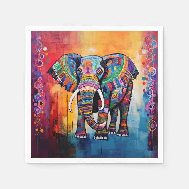 Cute Elephant Colorful Funky Mixed Media Animal Napkins (Front)