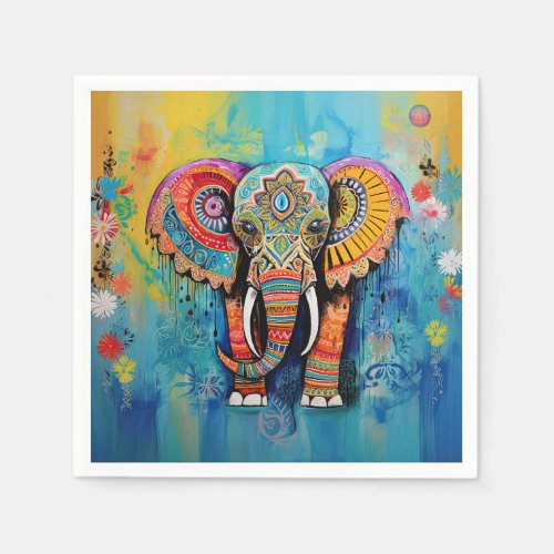 Cute Elephant Colorful Funky Mixed Media Animal Napkins